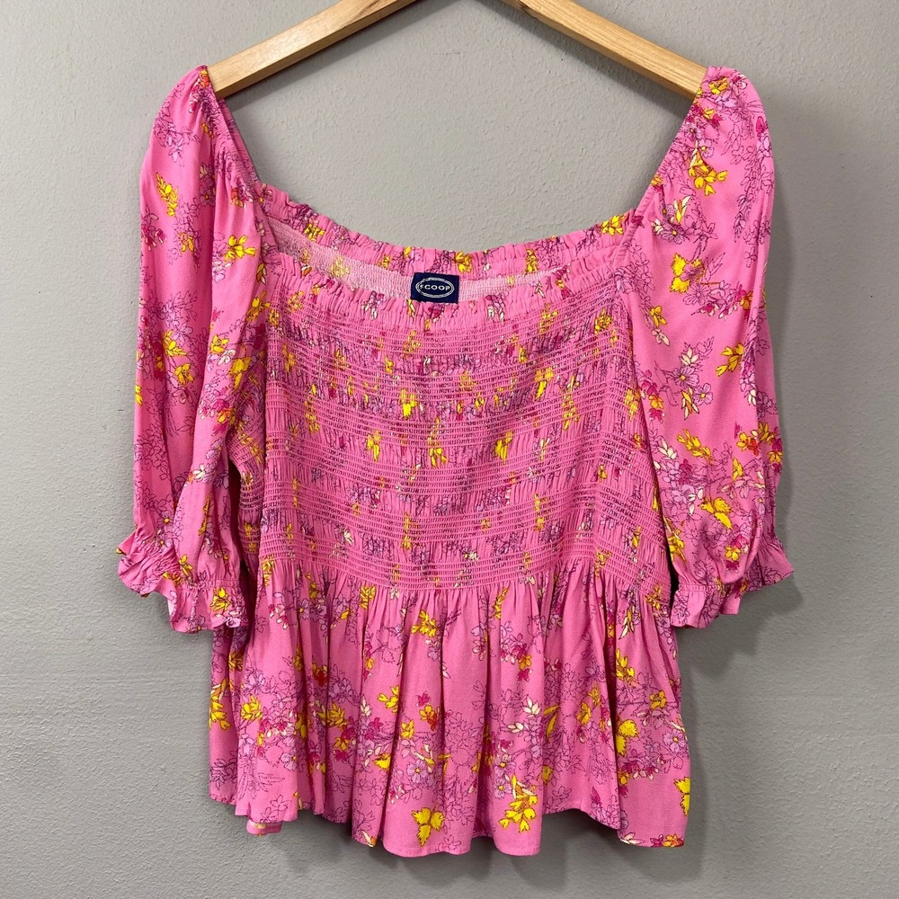 Scoop Pink Floral Cropped Blouse Size XXL Smocked Peplum Top Square Neck Cottage